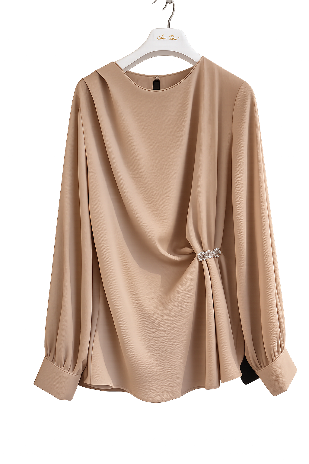 Draped Satin Blouse with Crystal Brooch — Nude Beige