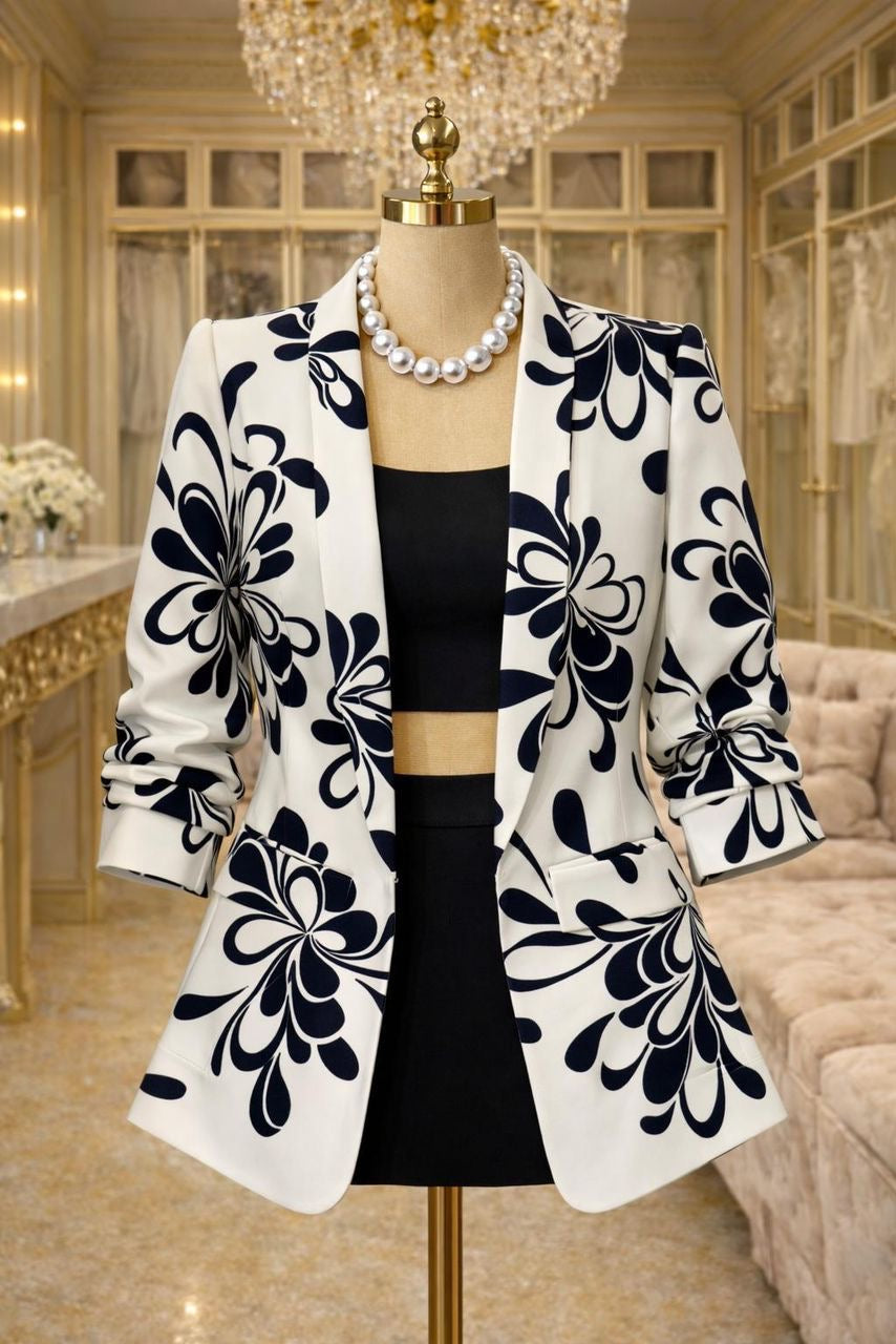 Bold Floral Print Blazer – Black & White-