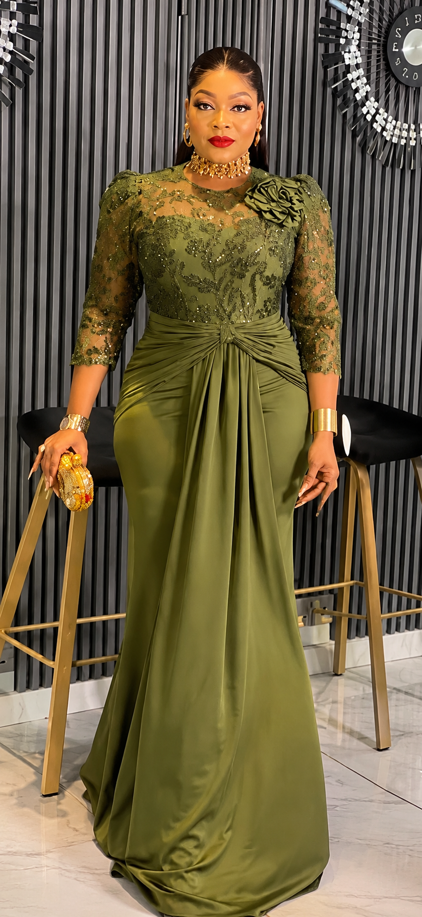 0006. Olive Elegance Draped Lace Maxi Gown