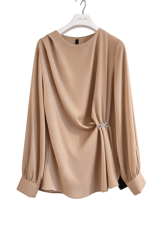 Draped Satin Blouse with Crystal Brooch — Nude Beige