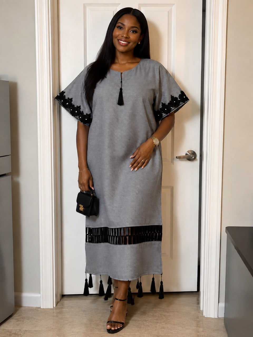 Elegant Grey Kaftan Maxi Dress with Black Tassel Details