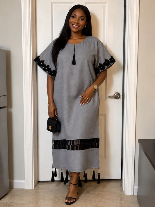 Elegant Grey Kaftan Maxi Dress with Black Tassel Details