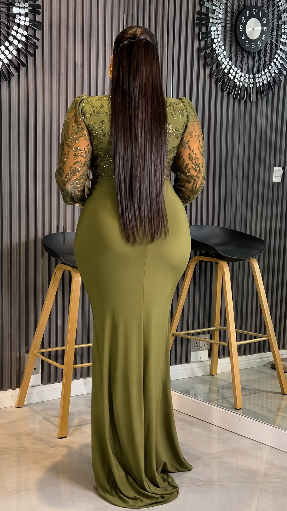 0006. Olive Elegance Draped Lace Maxi Gown