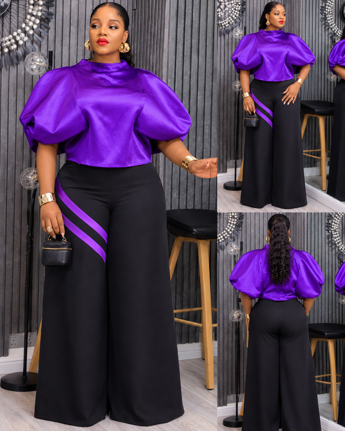 Signature puff -sleeve trouser set