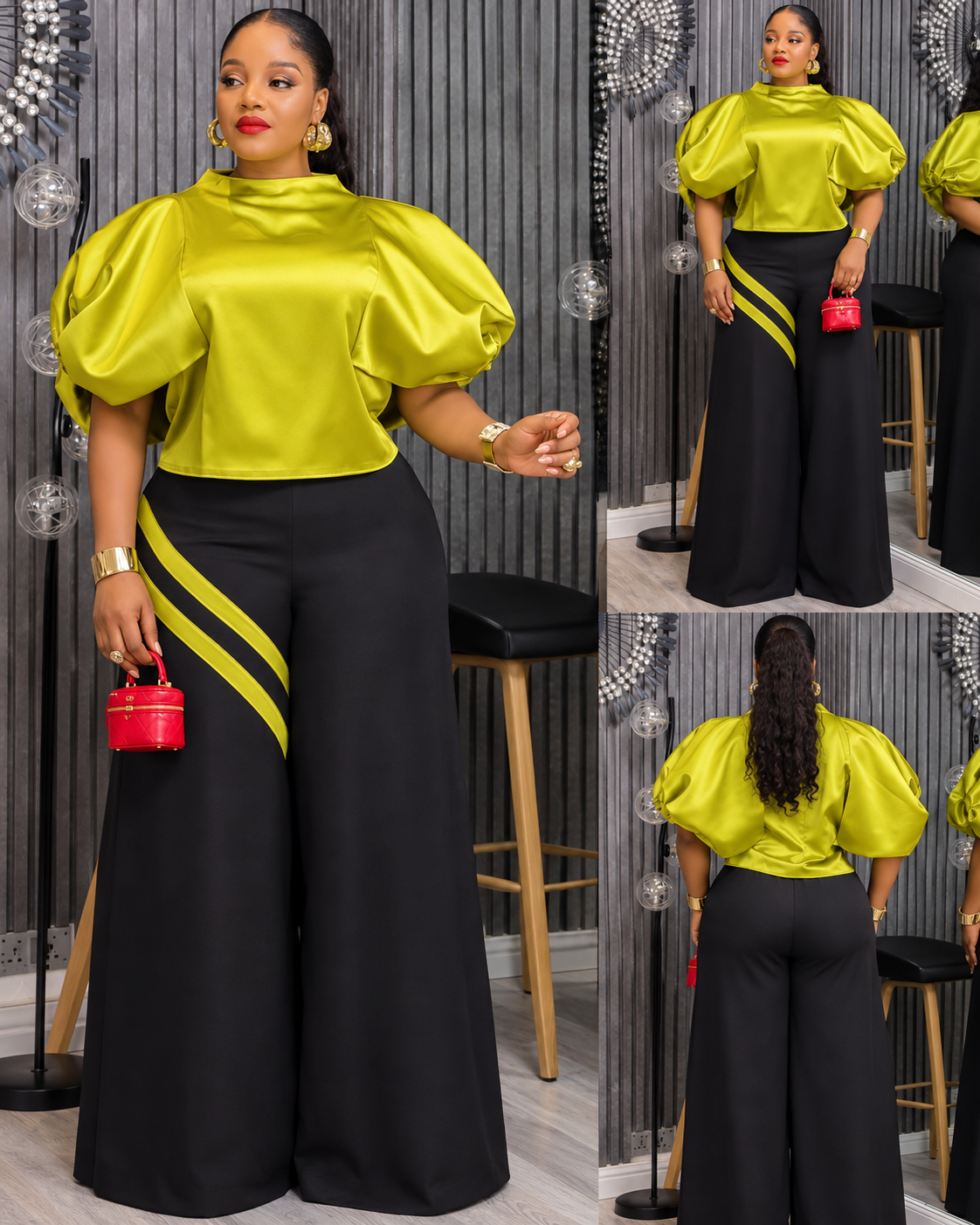 Signature puff -sleeve trouser set