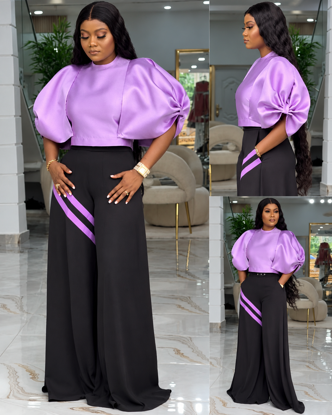 Signature puff -sleeve trouser set