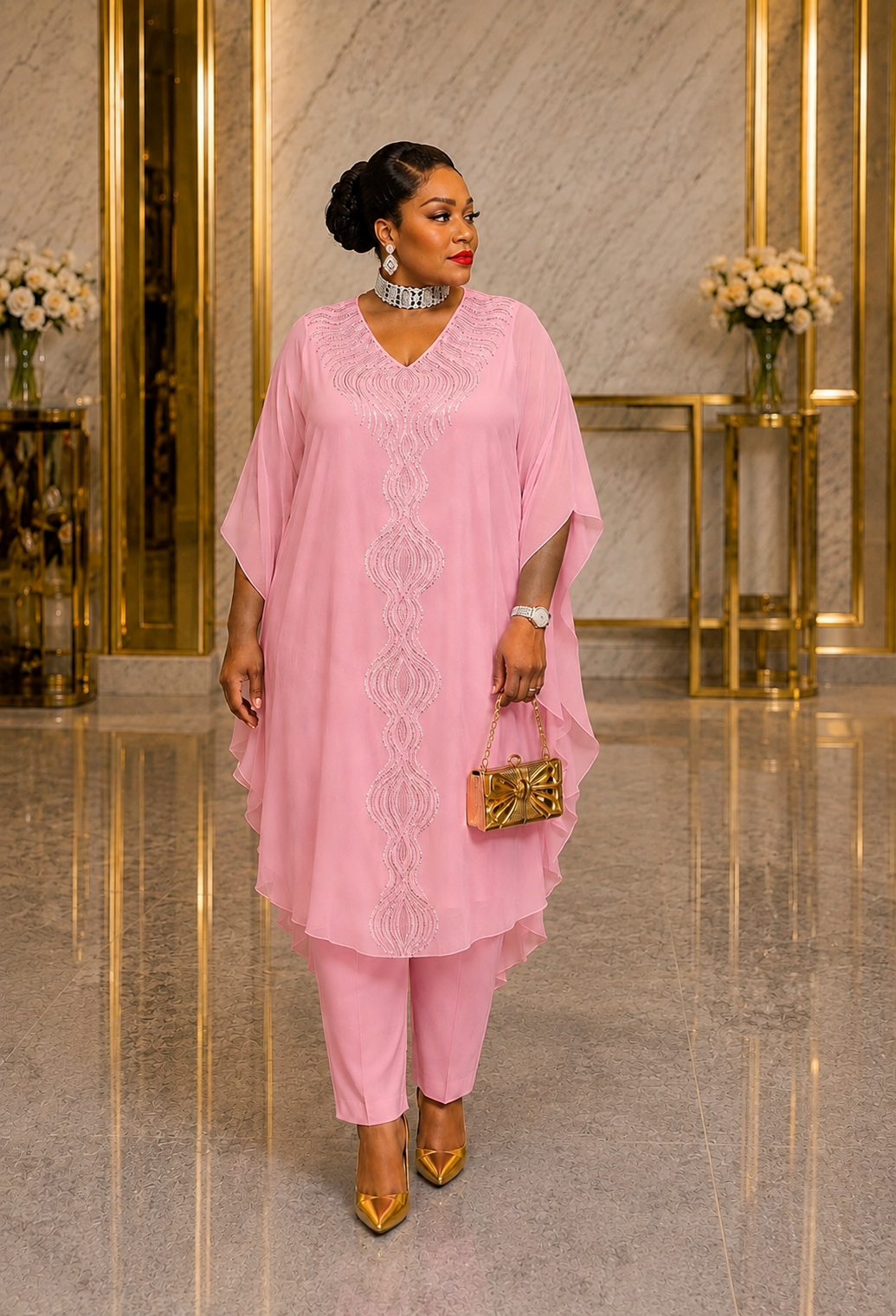 Elegant Pink Embellished Kaftan Set