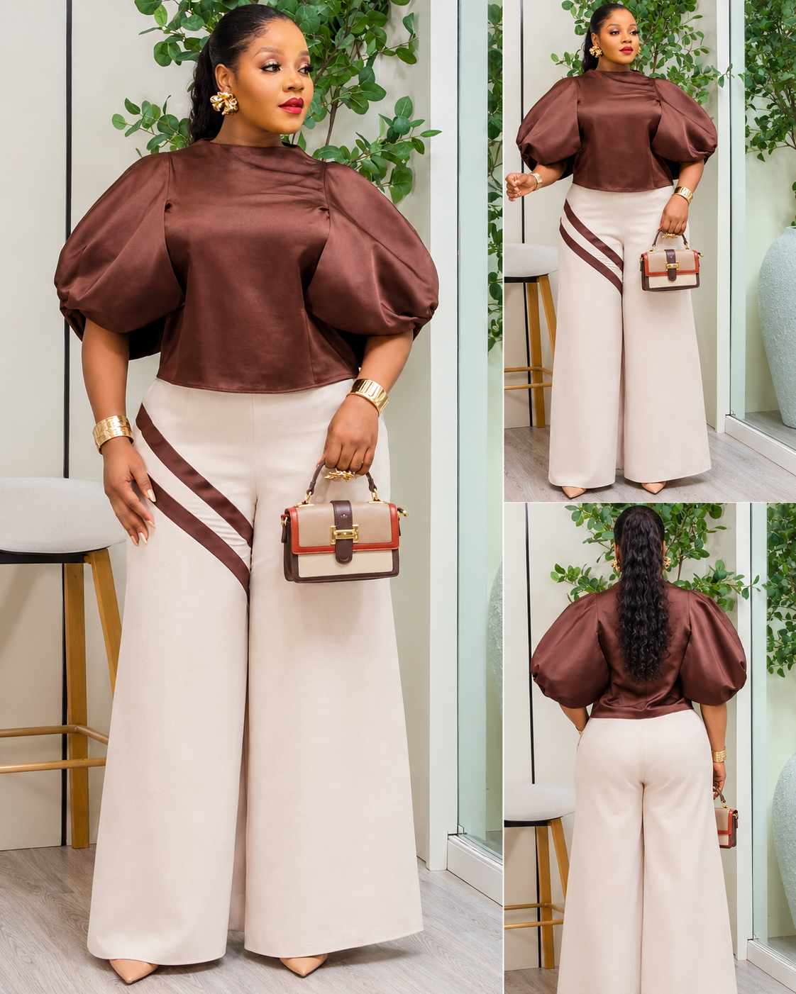 Signature puff -sleeve trouser set