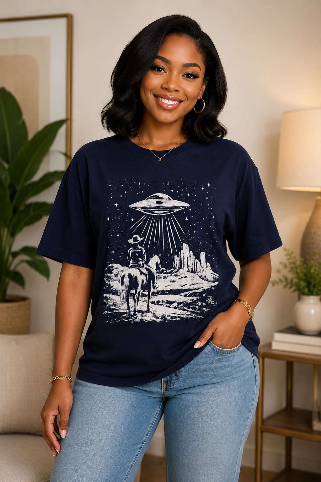Women's Vintage Cowboy & UFO Graphic Short Sleeve T-Shirt