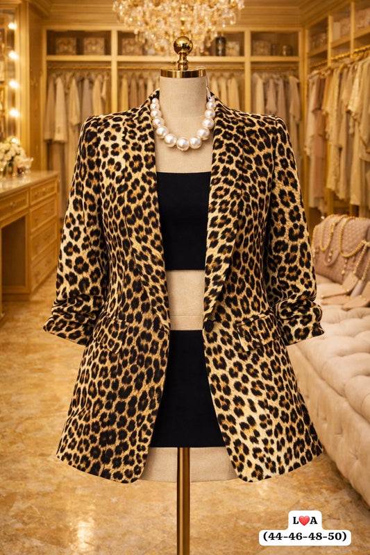 Leopard Print Ruched Sleeve Blazer