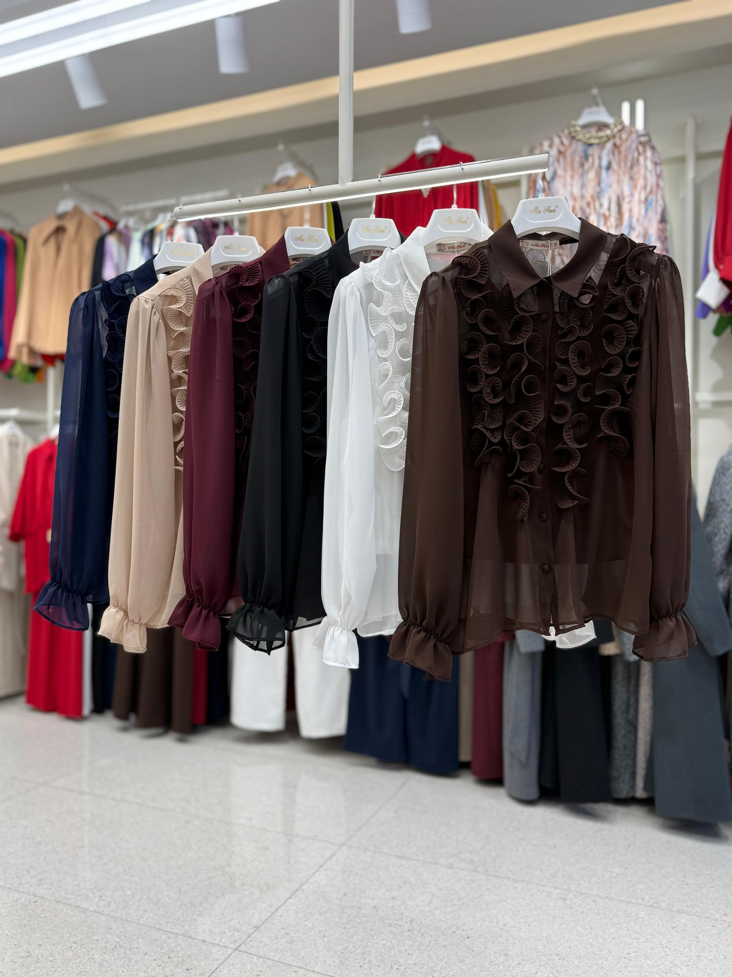 Floral Appliqué Sheer Blouse in Chocolate Brown