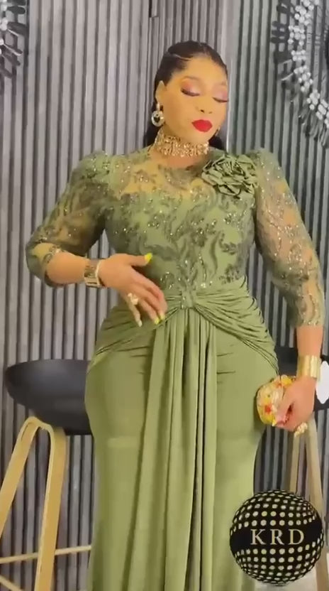0006. Olive Elegance Draped Lace Maxi Gown